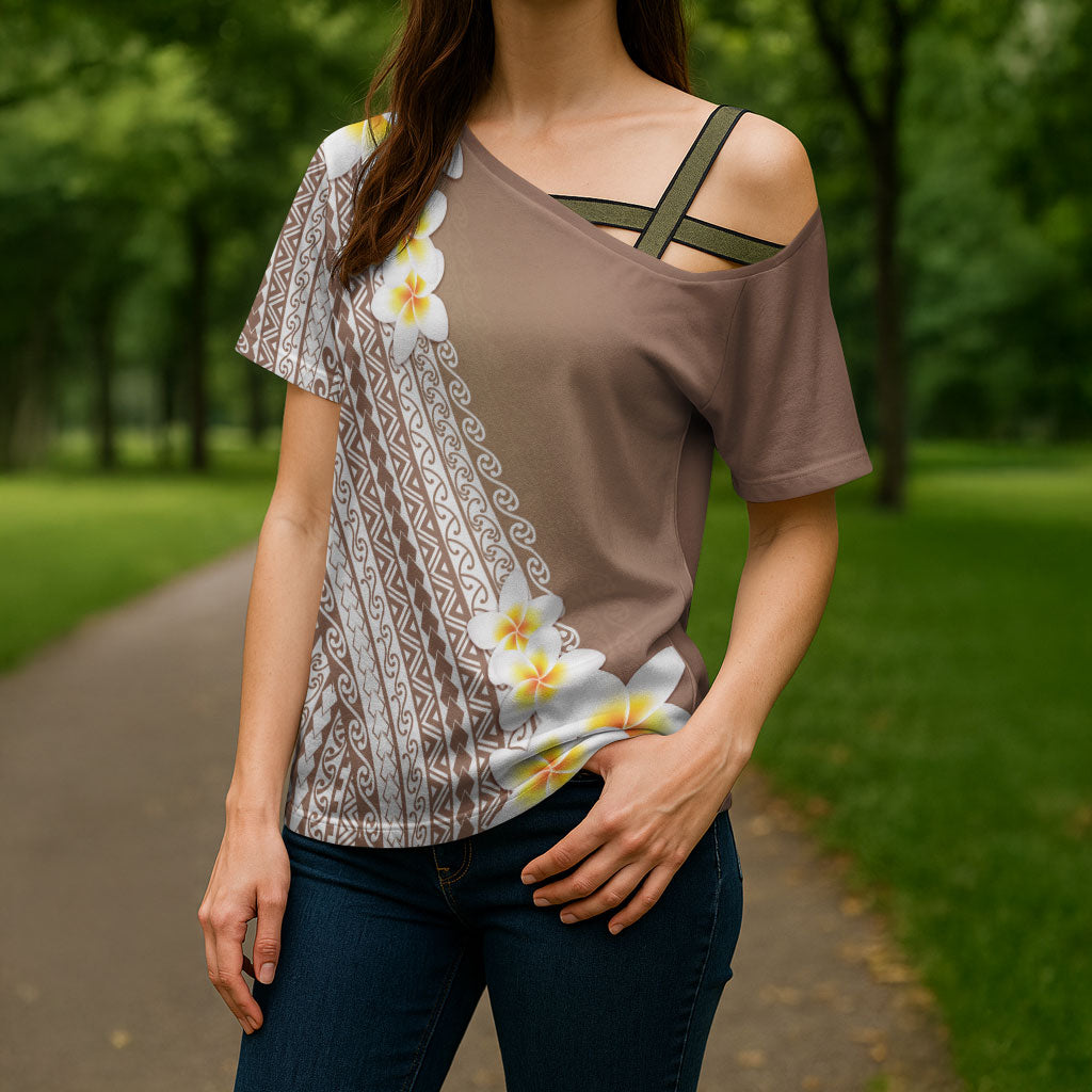 Tahiti Plumeria Tribal Pattern Cross Shoulder Shirt Wave Style Brown LT05 - Polynesian Pride