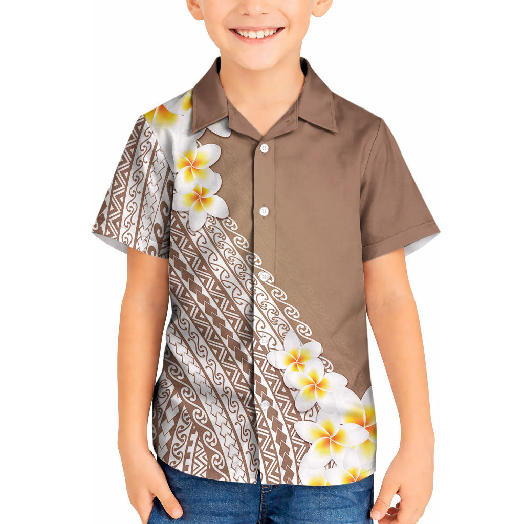 Tahiti Plumeria Tribal Pattern Kid Hawaiian Shirt Wave Style Brown LT05 Kid Brown - Polynesian Pride
