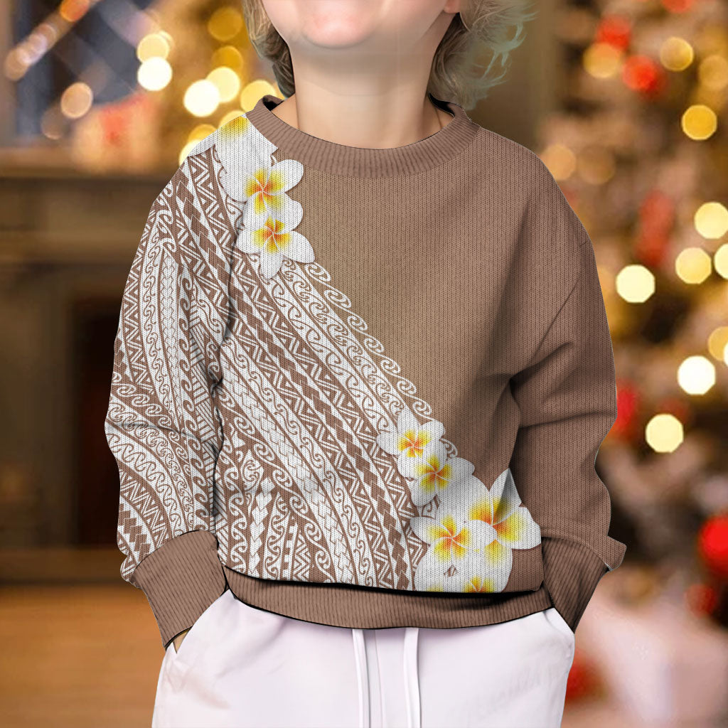 Tahiti Plumeria Tribal Pattern Kid Ugly Christmas Sweater Wave Style Brown LT05 - Polynesian Pride