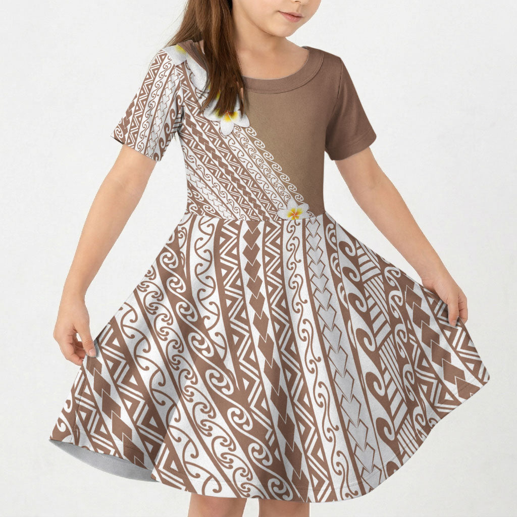Tahiti Plumeria Tribal Pattern Kid Short Sleeve Dress Wave Style Brown LT05 KID Brown - Polynesian Pride