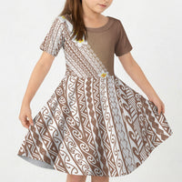 Tahiti Plumeria Tribal Pattern Kid Short Sleeve Dress Wave Style Brown LT05 KID Brown - Polynesian Pride