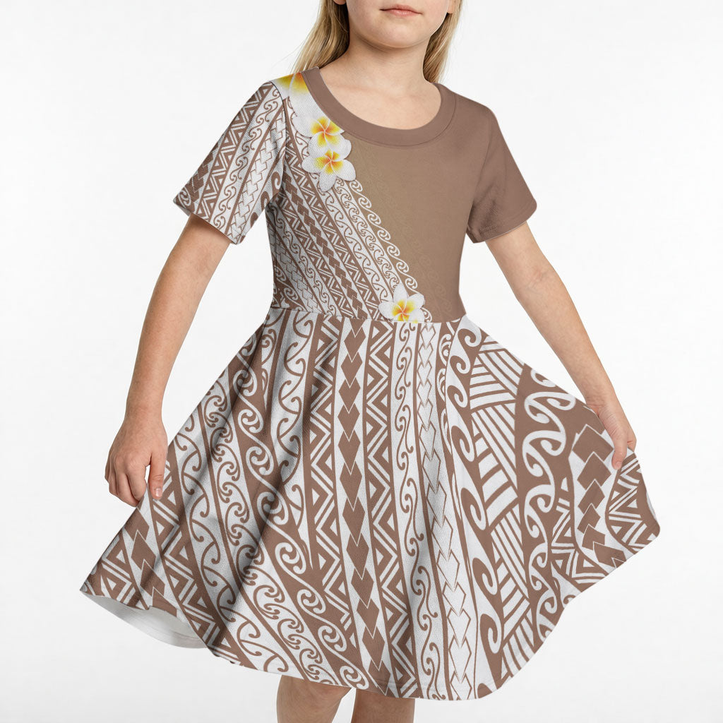 Tahiti Plumeria Tribal Pattern Kid Short Sleeve Dress Wave Style Brown LT05 - Polynesian Pride
