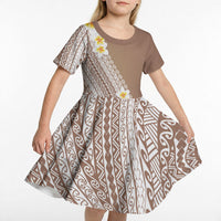 Tahiti Plumeria Tribal Pattern Kid Short Sleeve Dress Wave Style Brown LT05 - Polynesian Pride