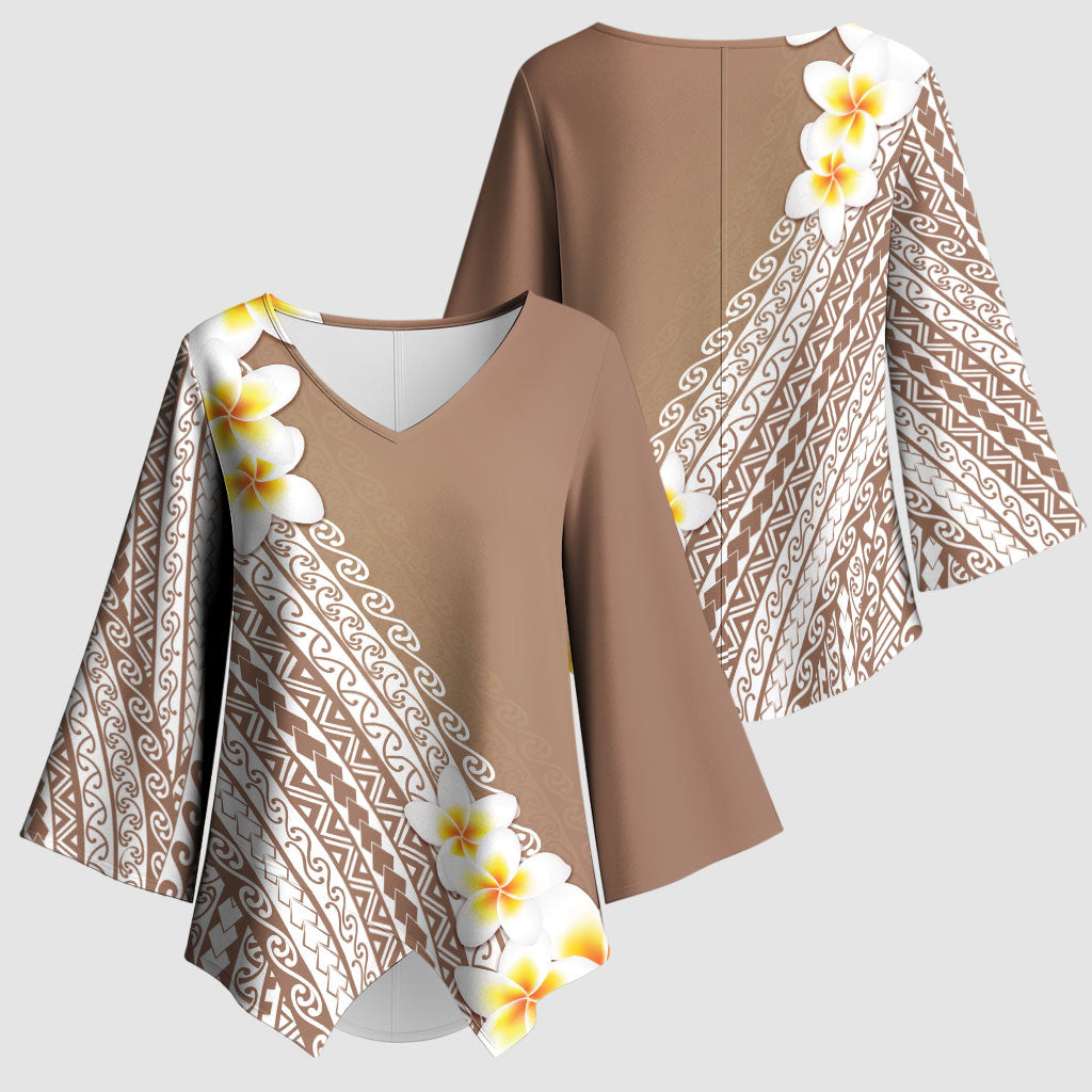 Tahiti Plumeria Tribal Pattern Kimono Sleeve Blouse Wave Style Brown LT05 - Polynesian Pride