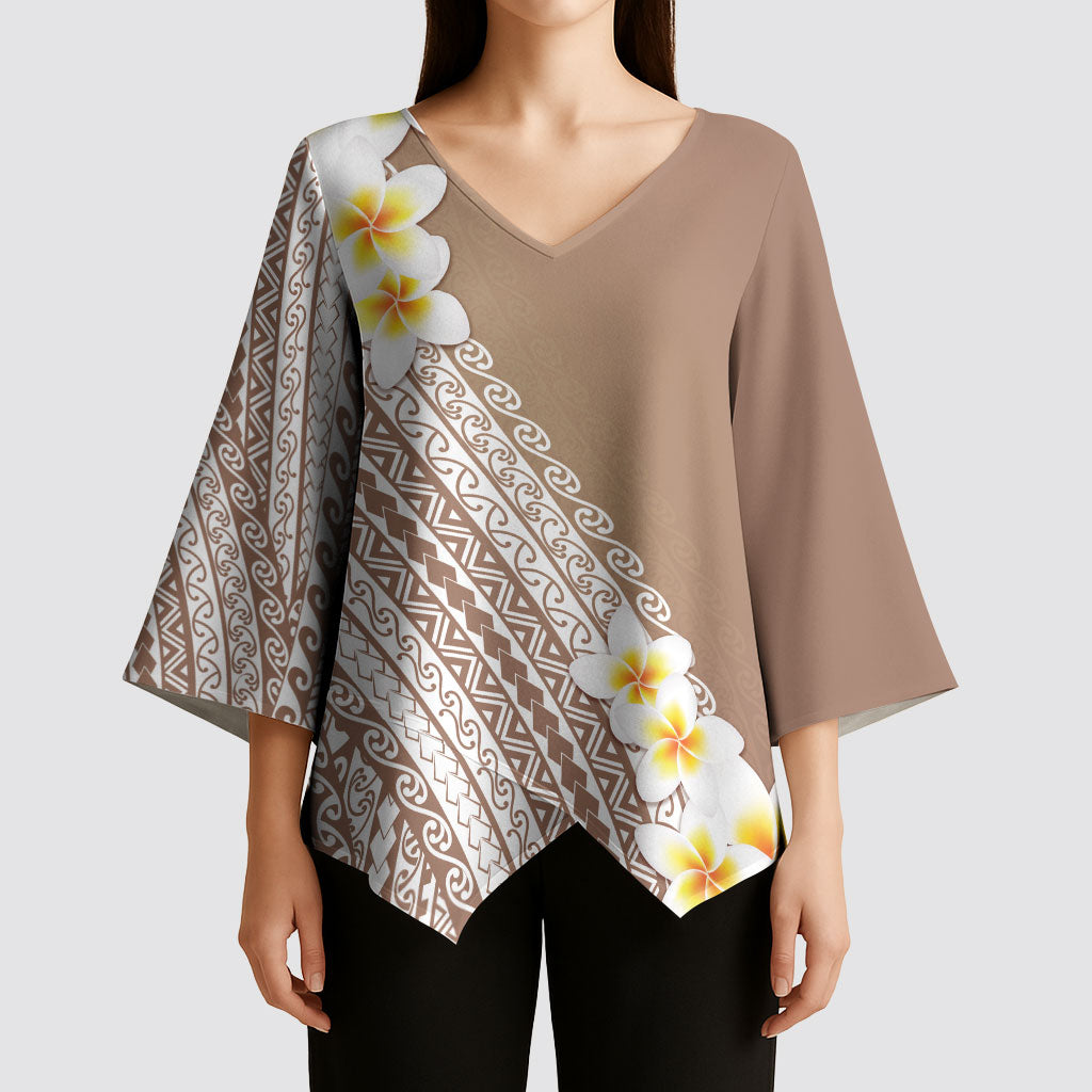 Tahiti Plumeria Tribal Pattern Kimono Sleeve Blouse Wave Style Brown LT05 - Polynesian Pride