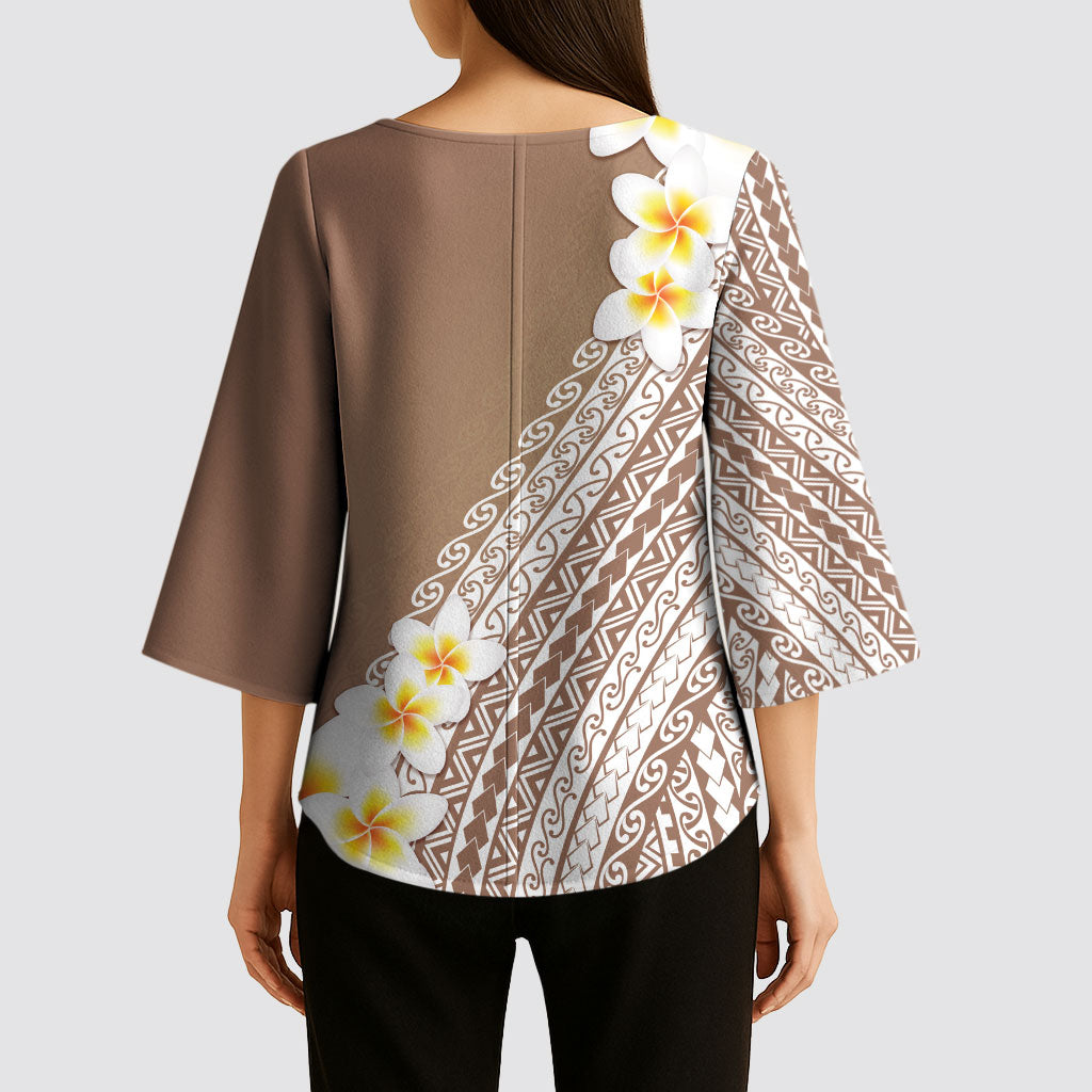 Tahiti Plumeria Tribal Pattern Kimono Sleeve Blouse Wave Style Brown LT05 - Polynesian Pride