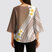 Tahiti Plumeria Tribal Pattern Kimono Sleeve Blouse Wave Style Brown LT05 - Polynesian Pride