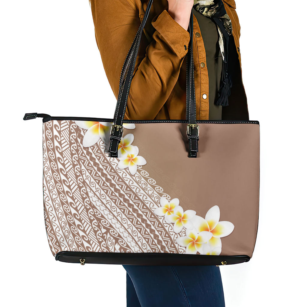 Tahiti Plumeria Tribal Pattern Leather Tote Bag Wave Style Brown LT05 - Polynesian Pride