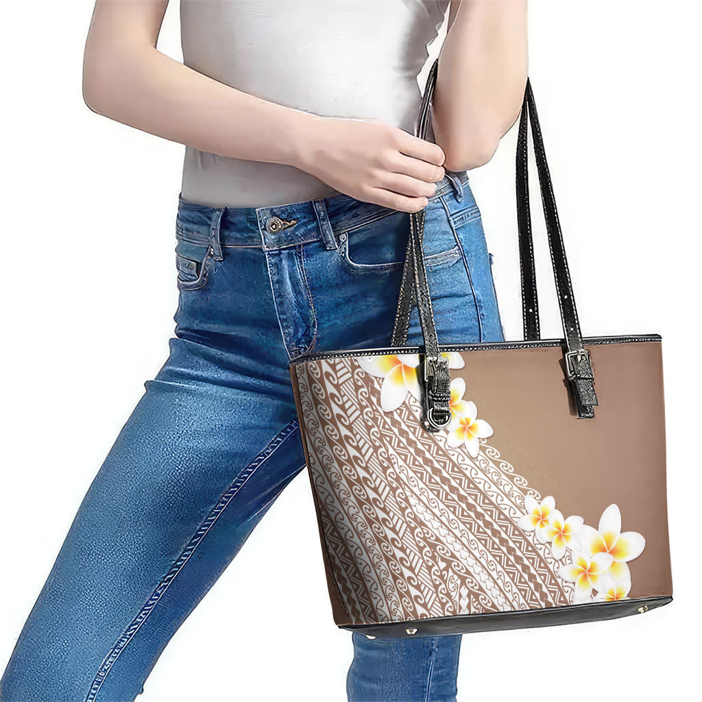 Tahiti Plumeria Tribal Pattern Leather Tote Bag Wave Style Brown LT05 - Polynesian Pride
