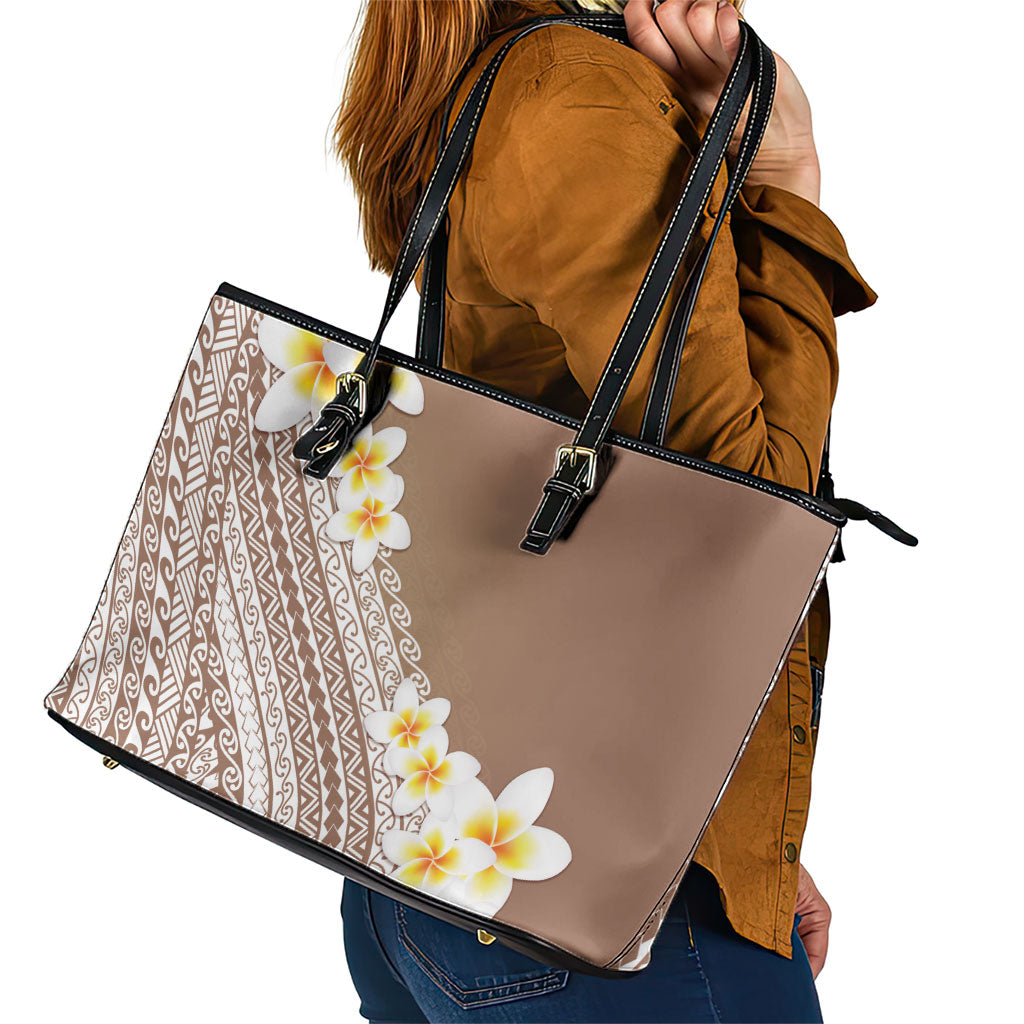 Tahiti Plumeria Tribal Pattern Leather Tote Bag Wave Style Brown LT05 - Polynesian Pride