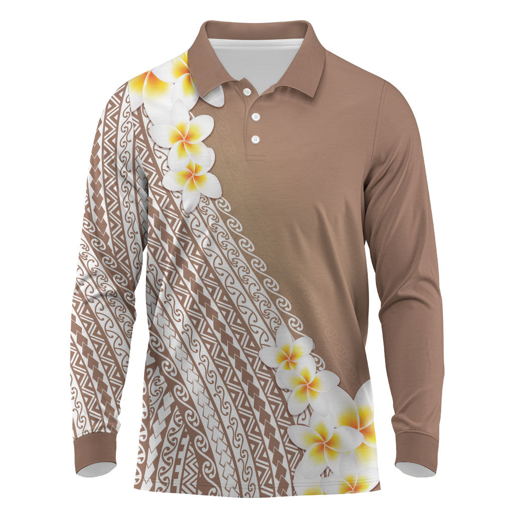 Tahiti Plumeria Tribal Pattern Long Sleeve Polo Shirt Wave Style Brown LT05 Brown - Polynesian Pride