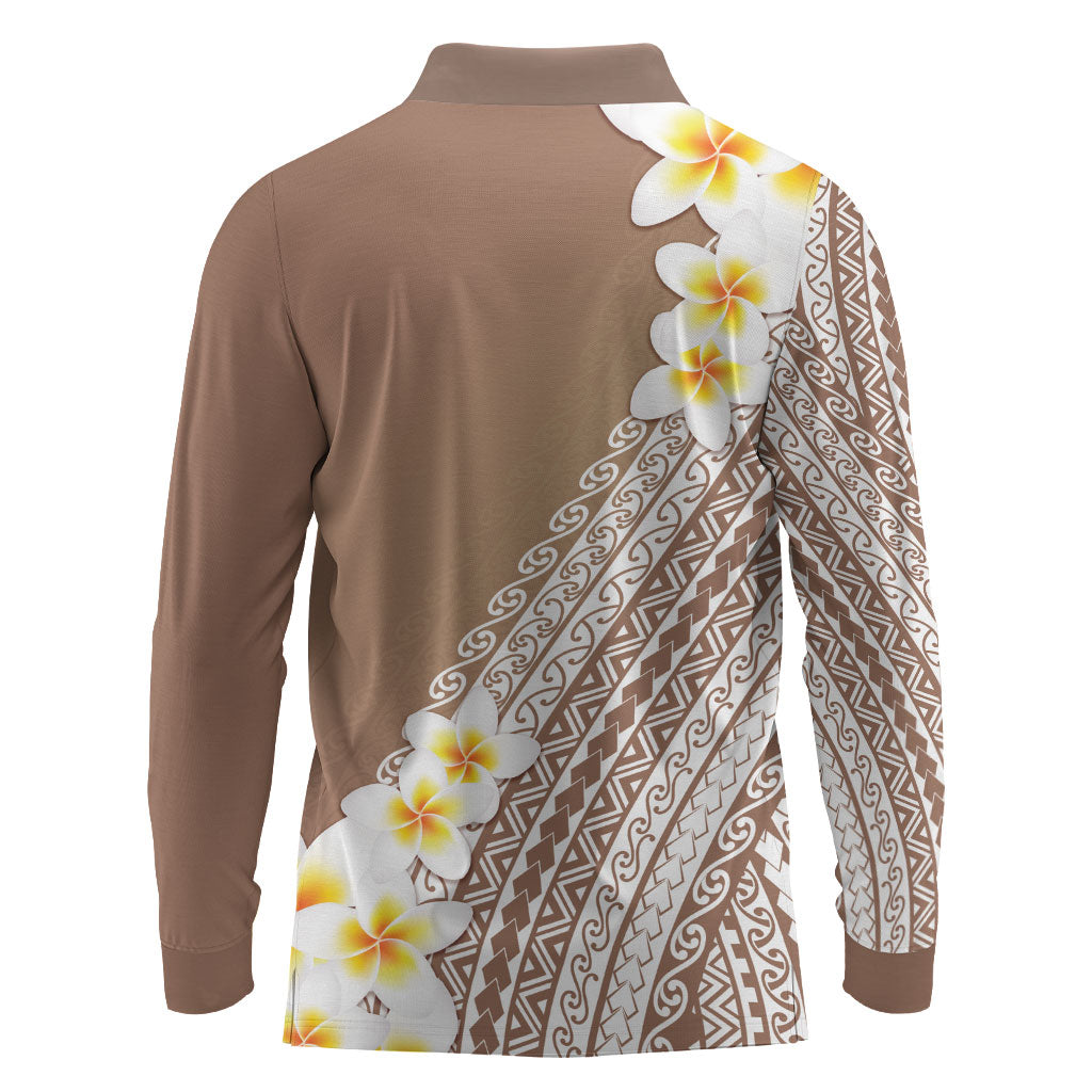 Tahiti Plumeria Tribal Pattern Long Sleeve Polo Shirt Wave Style Brown LT05 - Polynesian Pride