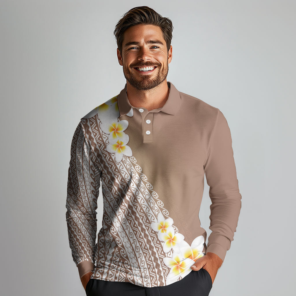 Tahiti Plumeria Tribal Pattern Long Sleeve Polo Shirt Wave Style Brown LT05 - Polynesian Pride