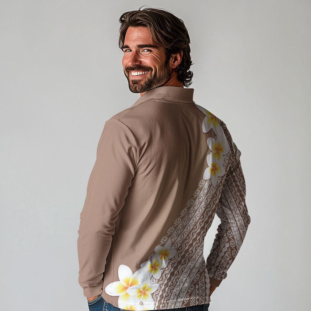 Tahiti Plumeria Tribal Pattern Long Sleeve Polo Shirt Wave Style Brown LT05 - Polynesian Pride