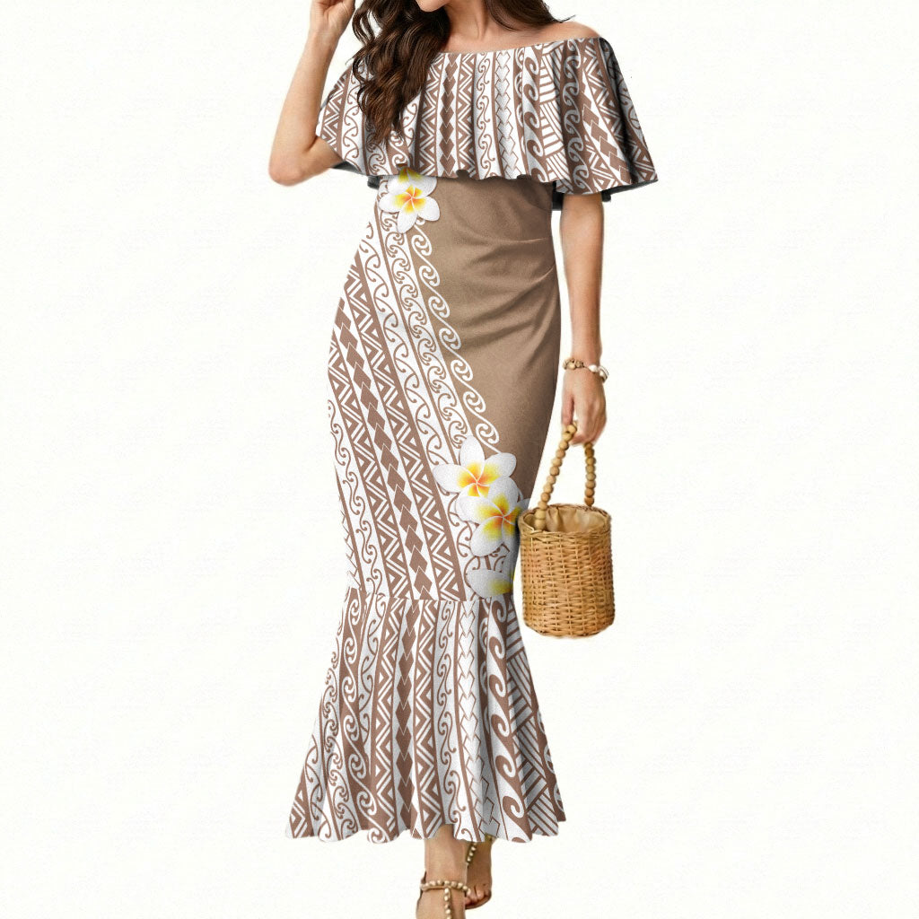 Tahiti Plumeria Tribal Pattern Mermaid Dress Wave Style Brown LT05 Women Brown - Polynesian Pride