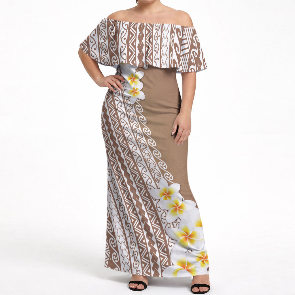Tahiti Plumeria Tribal Pattern Off Shoulder Maxi Dress Wave Style Brown LT05 Women Brown - Polynesian Pride