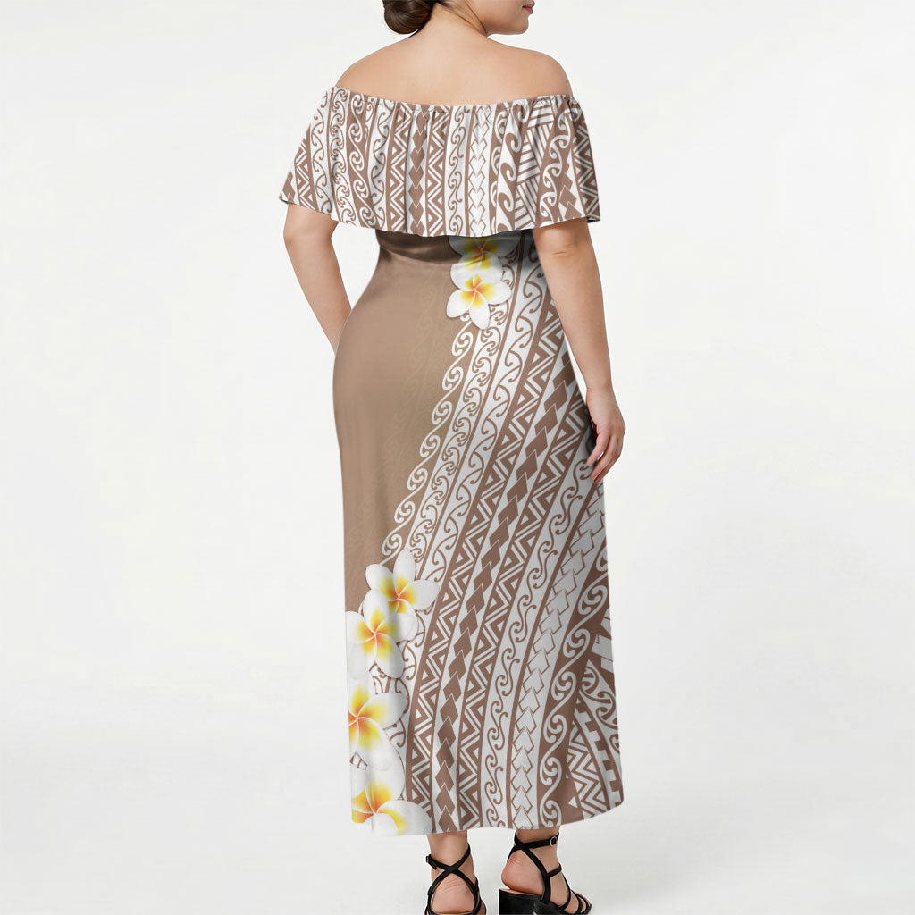Tahiti Plumeria Tribal Pattern Off Shoulder Maxi Dress Wave Style Brown LT05 - Polynesian Pride