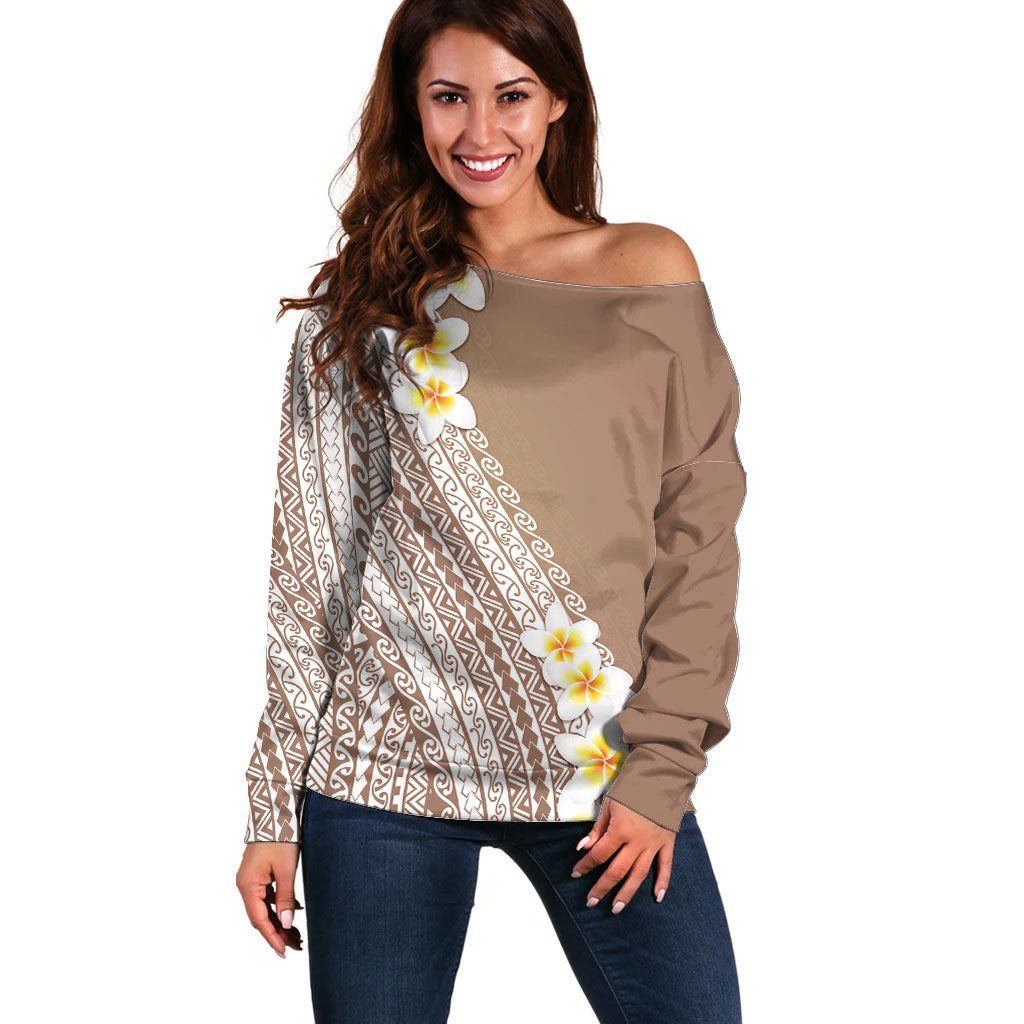 Tahiti Plumeria Tribal Pattern Off Shoulder Sweater Wave Style Brown LT05 Women Brown - Polynesian Pride