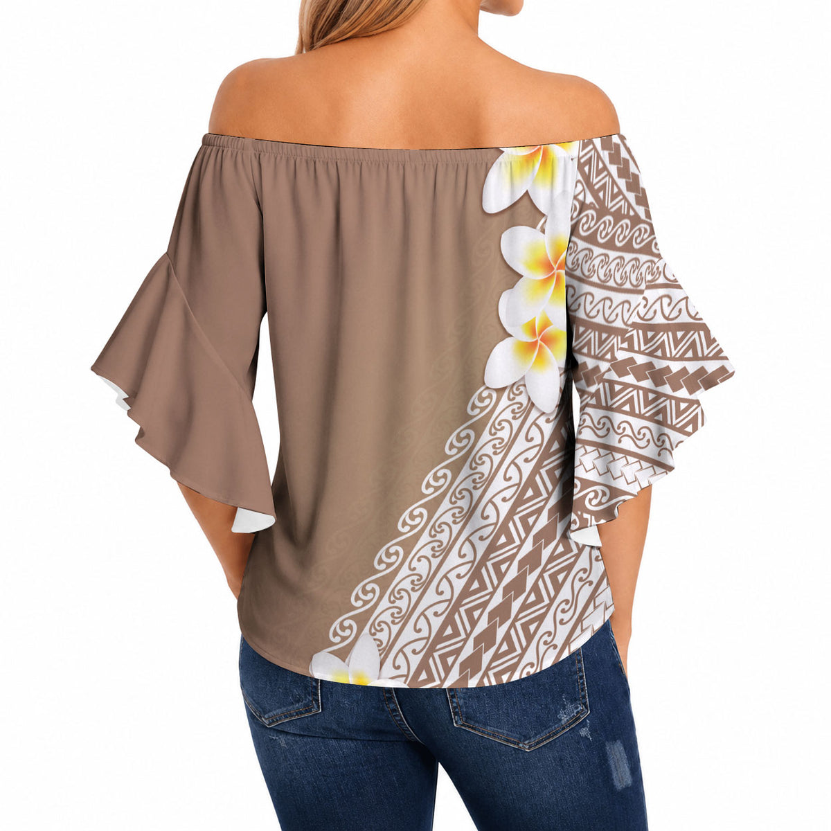 Tahiti Plumeria Tribal Pattern Off Shoulder Wrap Waist Top Wave Style Brown LT05 - Polynesian Pride