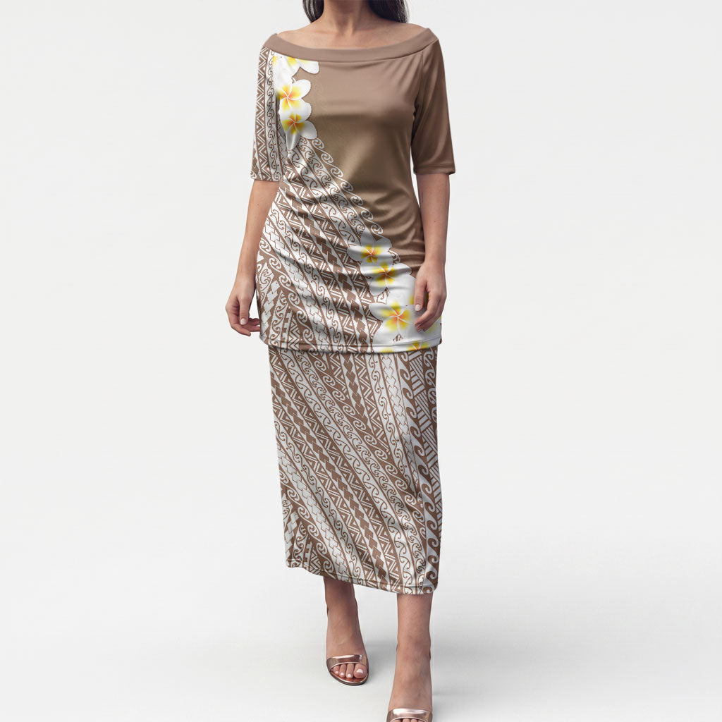 Tahiti Plumeria Tribal Pattern Puletasi Wave Style Brown LT05 Long Dress Brown - Polynesian Pride