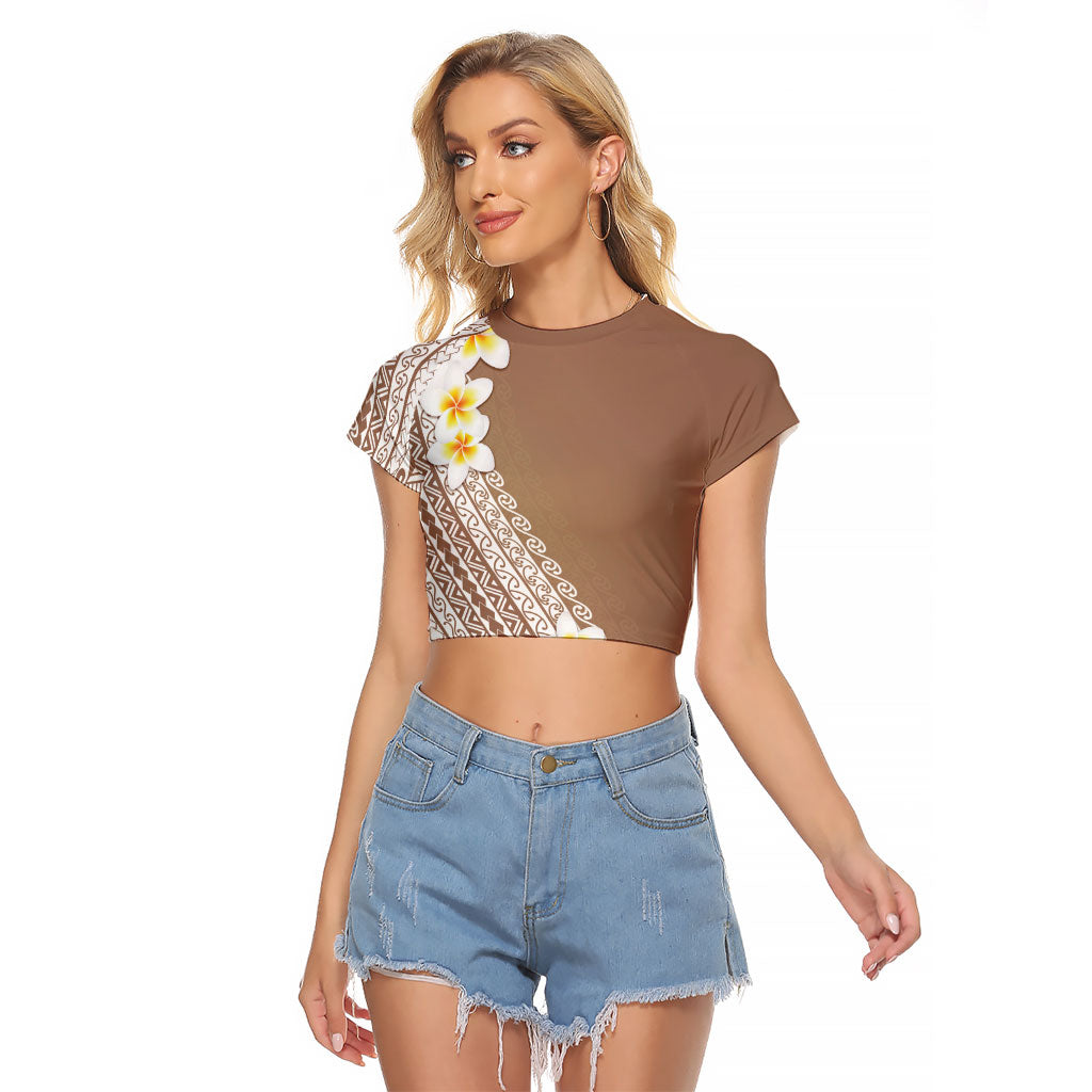 Tahiti Plumeria Tribal Pattern Raglan Cropped T Shirt Wave Style Brown LT05 Female Brown - Polynesian Pride