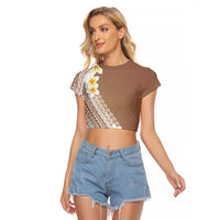 Tahiti Plumeria Tribal Pattern Raglan Cropped T Shirt Wave Style Brown LT05 Female Brown - Polynesian Pride