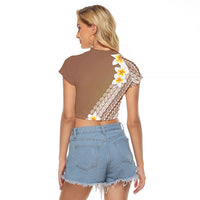 Tahiti Plumeria Tribal Pattern Raglan Cropped T Shirt Wave Style Brown LT05 - Polynesian Pride
