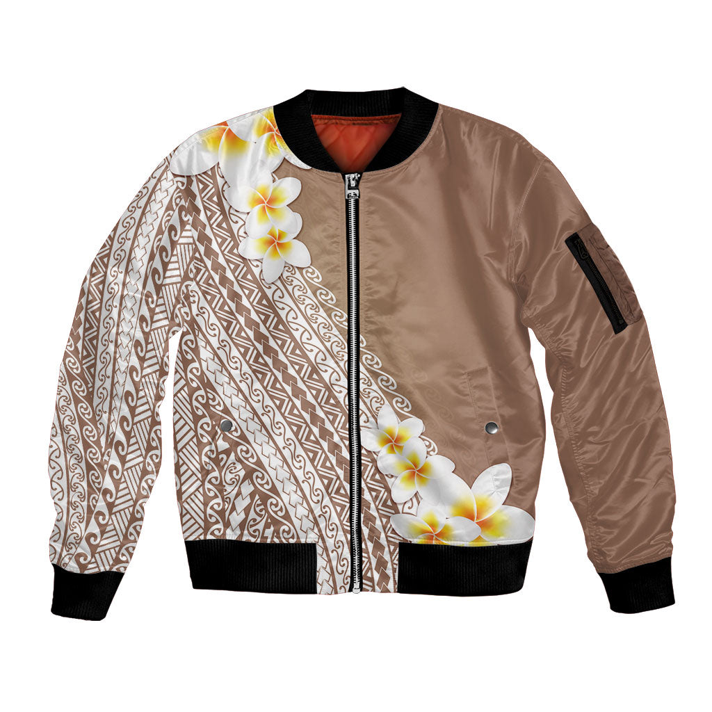 Tahiti Plumeria Tribal Pattern Sleeve Zip Bomber Jacket Wave Style Brown LT05 Unisex Brown - Polynesian Pride