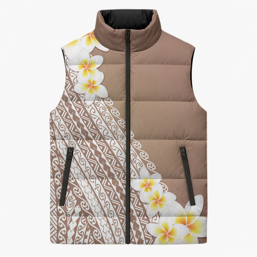 Tahiti Plumeria Tribal Pattern Sleeveless Puffer Jacket Wave Style Brown LT05 Unisex Brown - Polynesian Pride