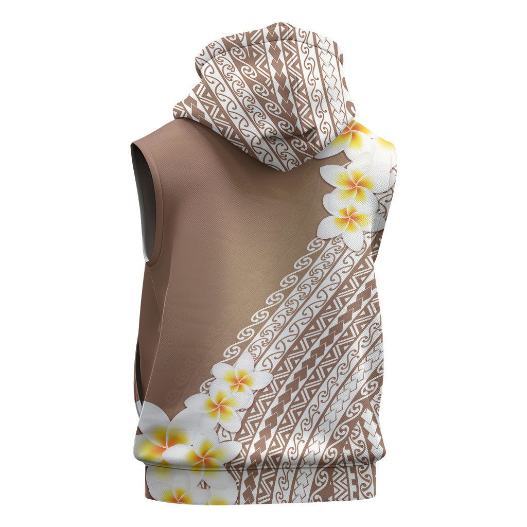 Tahiti Plumeria Tribal Pattern Sleeveless Zip Hoodie Wave Style Brown LT05 - Polynesian Pride