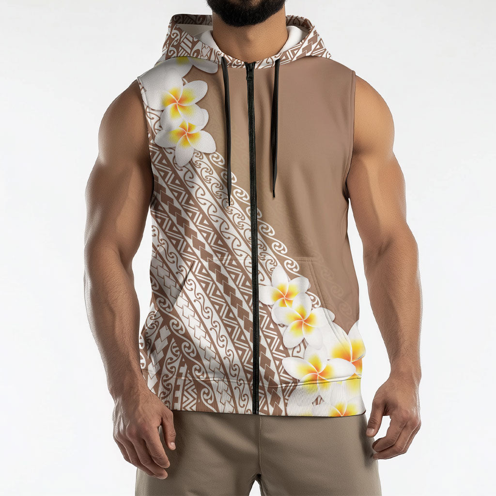 Tahiti Plumeria Tribal Pattern Sleeveless Zip Hoodie Wave Style Brown LT05 - Polynesian Pride