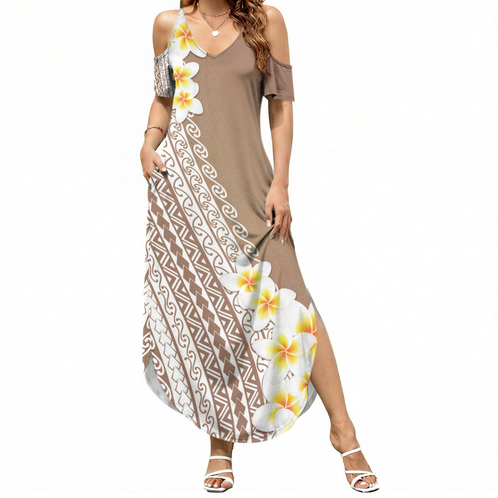 Tahiti Plumeria Tribal Pattern Summer Maxi Dress Wave Style Brown LT05 Women Brown - Polynesian Pride