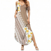Tahiti Plumeria Tribal Pattern Summer Maxi Dress Wave Style Brown LT05 Women Brown - Polynesian Pride