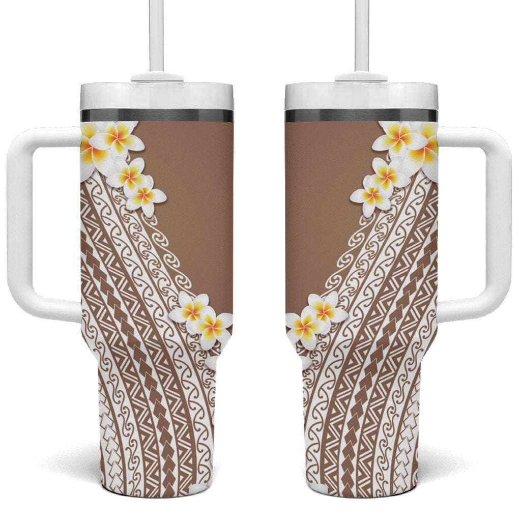 Tahiti Plumeria Tribal Pattern Tumbler With Handle Wave Style Brown LT05 One Size: 40 oz Brown - Polynesian Pride