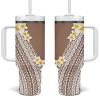 Tahiti Plumeria Tribal Pattern Tumbler With Handle Wave Style Brown LT05 One Size: 40 oz Brown - Polynesian Pride