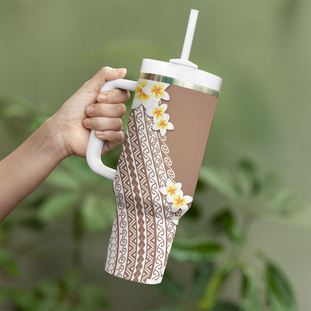 Tahiti Plumeria Tribal Pattern Tumbler With Handle Wave Style Brown LT05 - Polynesian Pride