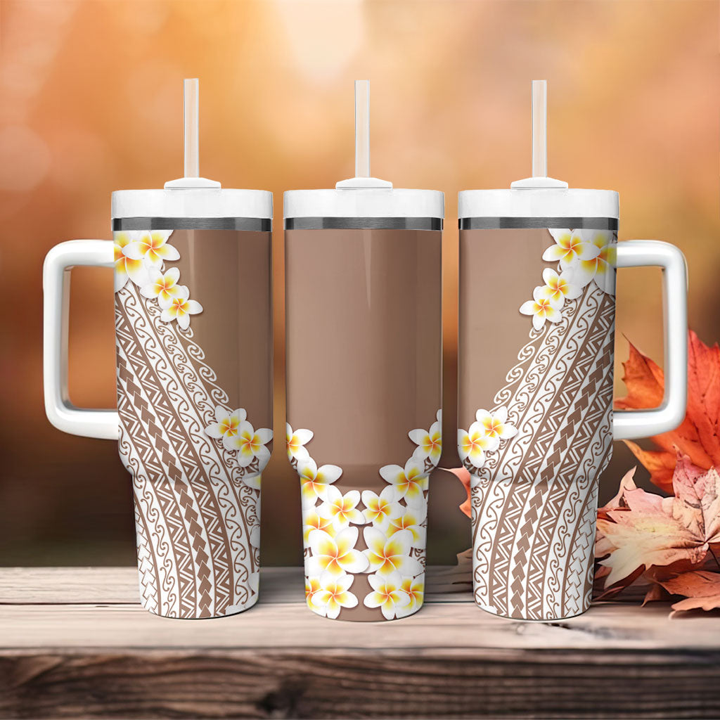 Tahiti Plumeria Tribal Pattern Tumbler With Handle Wave Style Brown LT05 - Polynesian Pride