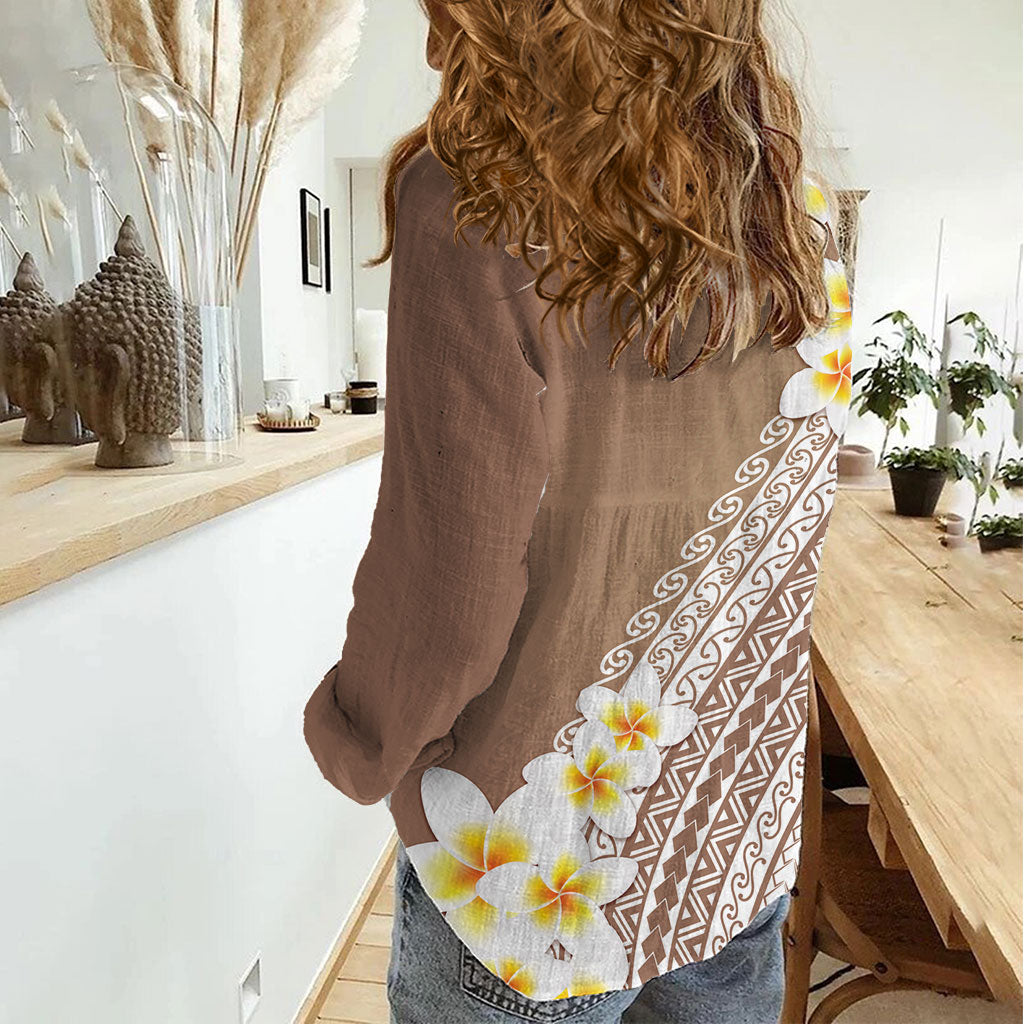 Tahiti Plumeria Tribal Pattern Women Casual Shirt Wave Style Brown LT05 - Polynesian Pride