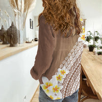 Tahiti Plumeria Tribal Pattern Women Casual Shirt Wave Style Brown LT05 - Polynesian Pride