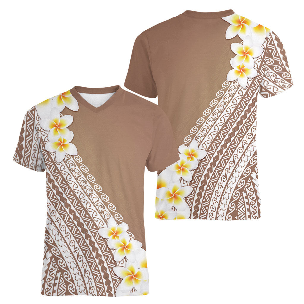 Tahiti Plumeria Tribal Pattern Women V-Neck T-Shirt Wave Style Brown LT05 - Polynesian Pride