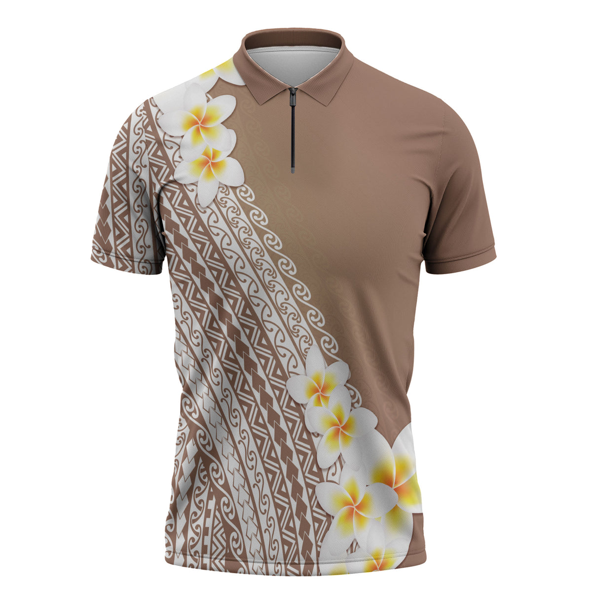 Tahiti Plumeria Tribal Pattern Zipper Polo Shirt Wave Style Brown LT05 Brown - Polynesian Pride