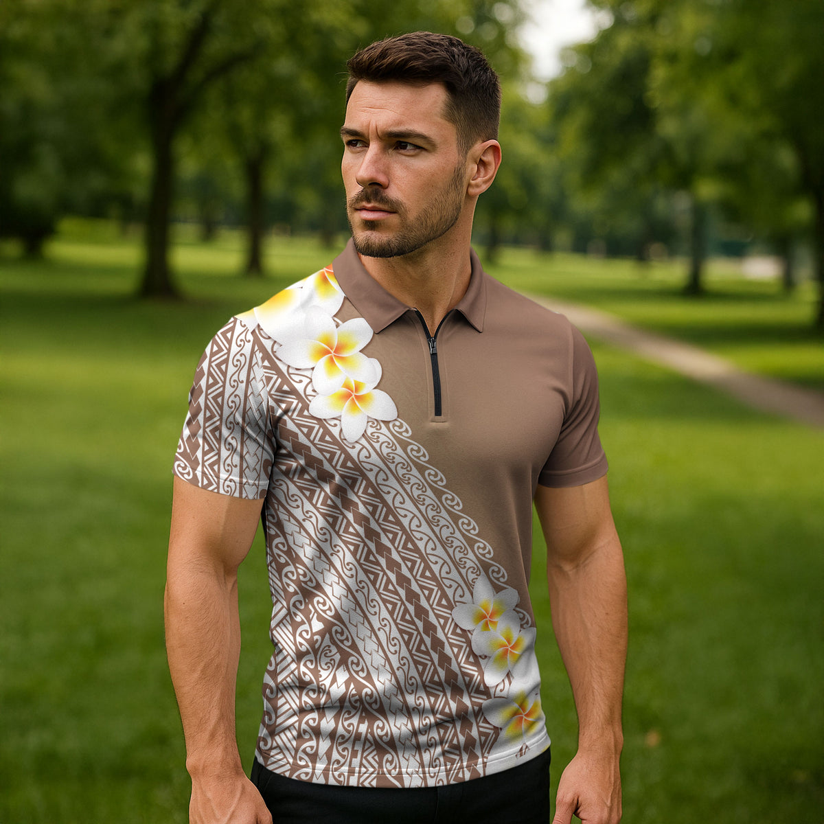 Tahiti Plumeria Tribal Pattern Zipper Polo Shirt Wave Style Brown LT05 - Polynesian Pride