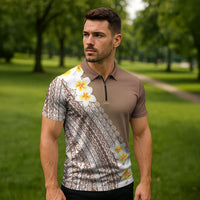Tahiti Plumeria Tribal Pattern Zipper Polo Shirt Wave Style Brown LT05 - Polynesian Pride