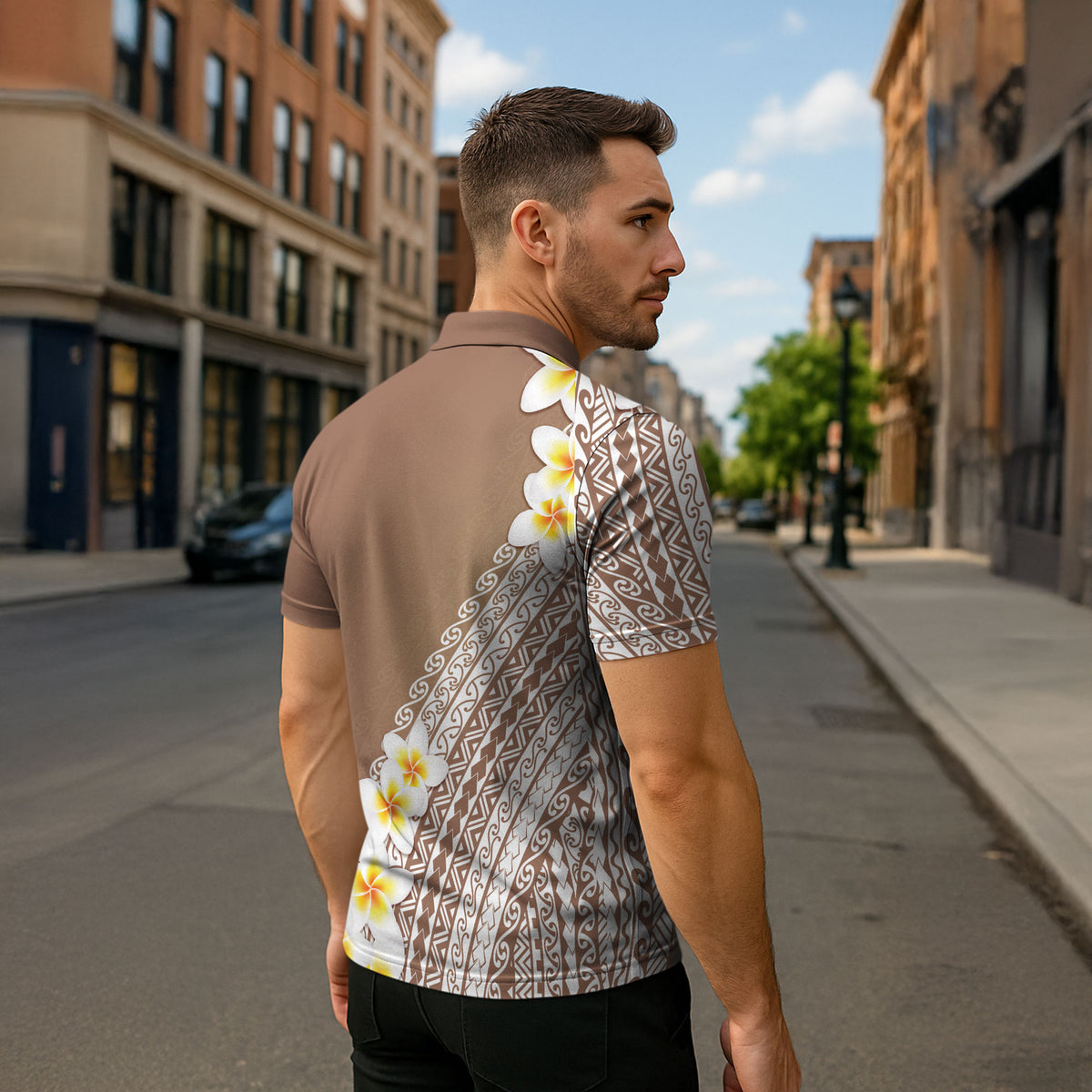 Tahiti Plumeria Tribal Pattern Zipper Polo Shirt Wave Style Brown LT05 - Polynesian Pride