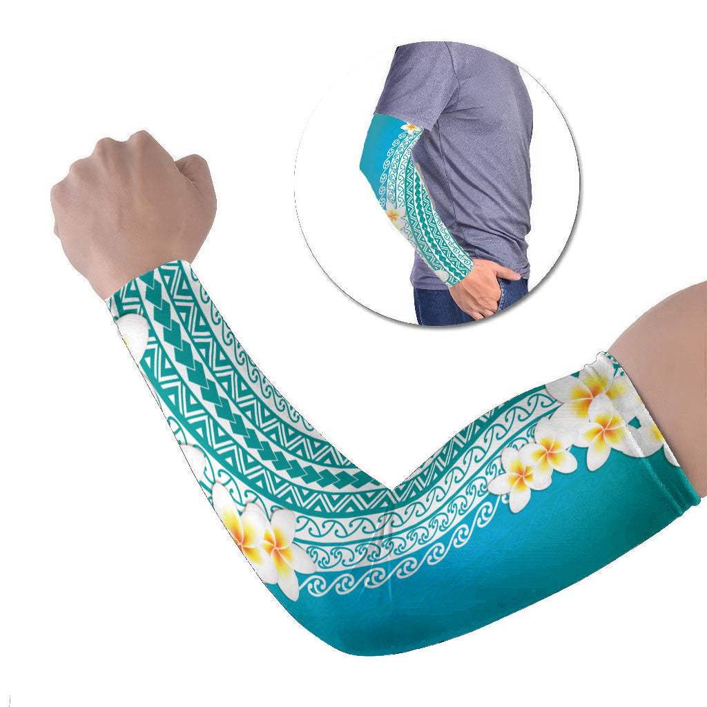 Tahiti Plumeria Tribal Pattern Arm Sleeves Wave Style Turquoise LT05 Set of 2 Turquoise - Polynesian Pride