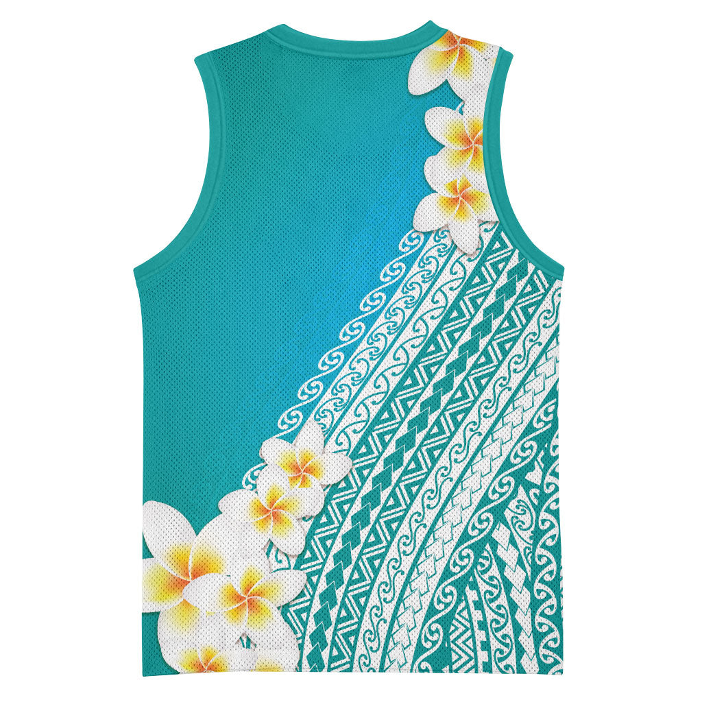 Tahiti Plumeria Tribal Pattern Basketball Jersey Wave Style Turquoise LT05 - Polynesian Pride