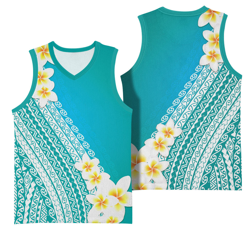 Tahiti Plumeria Tribal Pattern Basketball Jersey Wave Style Turquoise LT05 - Polynesian Pride