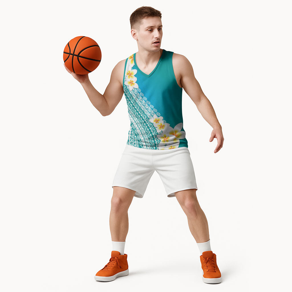 Tahiti Plumeria Tribal Pattern Basketball Jersey Wave Style Turquoise LT05 - Polynesian Pride