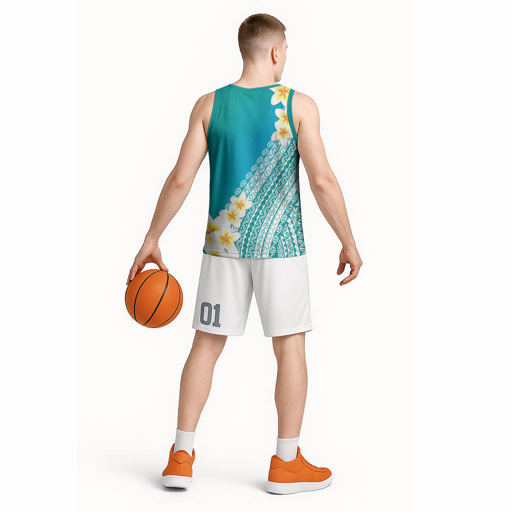Tahiti Plumeria Tribal Pattern Basketball Jersey Wave Style Turquoise LT05 - Polynesian Pride
