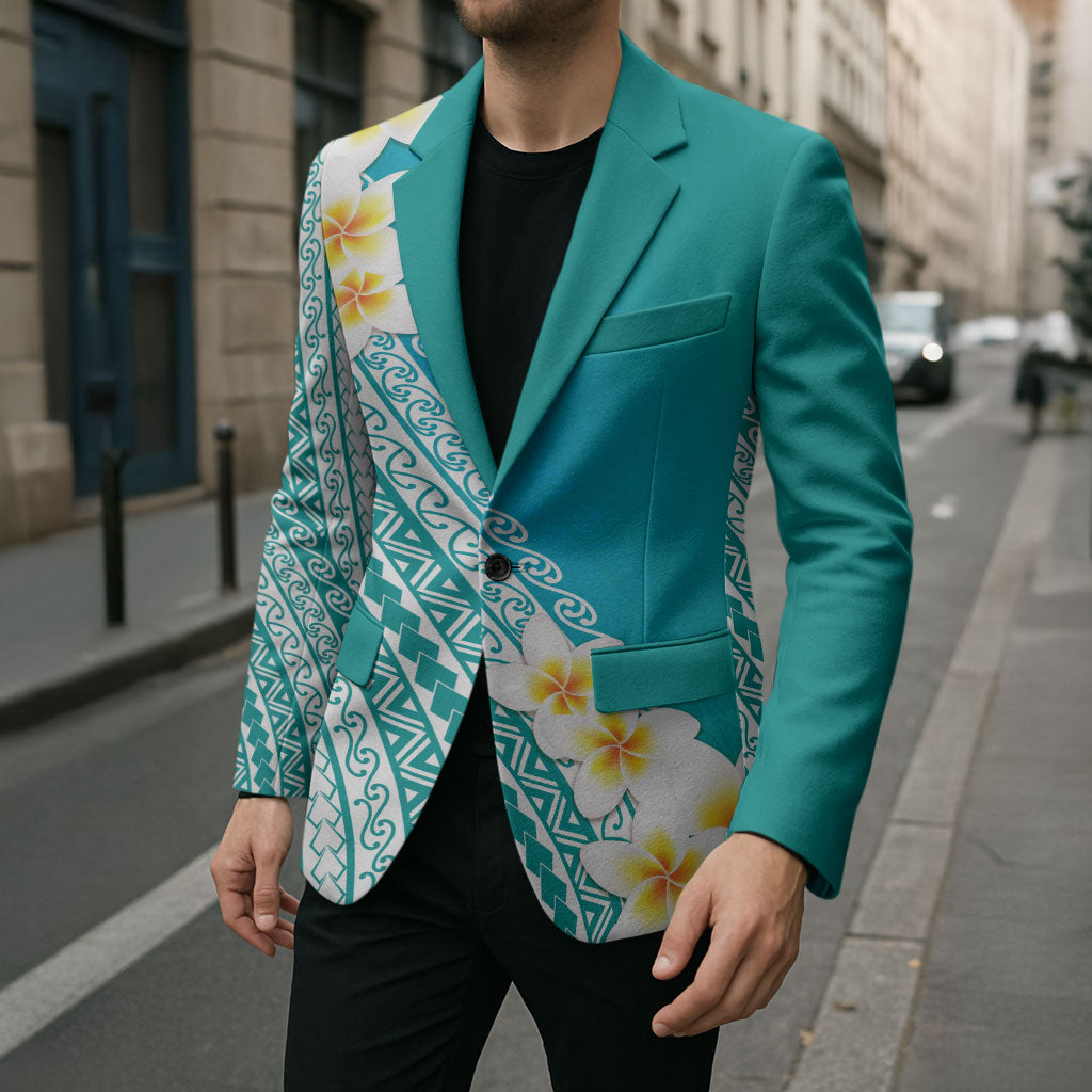 Tahiti Plumeria Tribal Pattern Blazer Wave Style Turquoise LT05 - Polynesian Pride